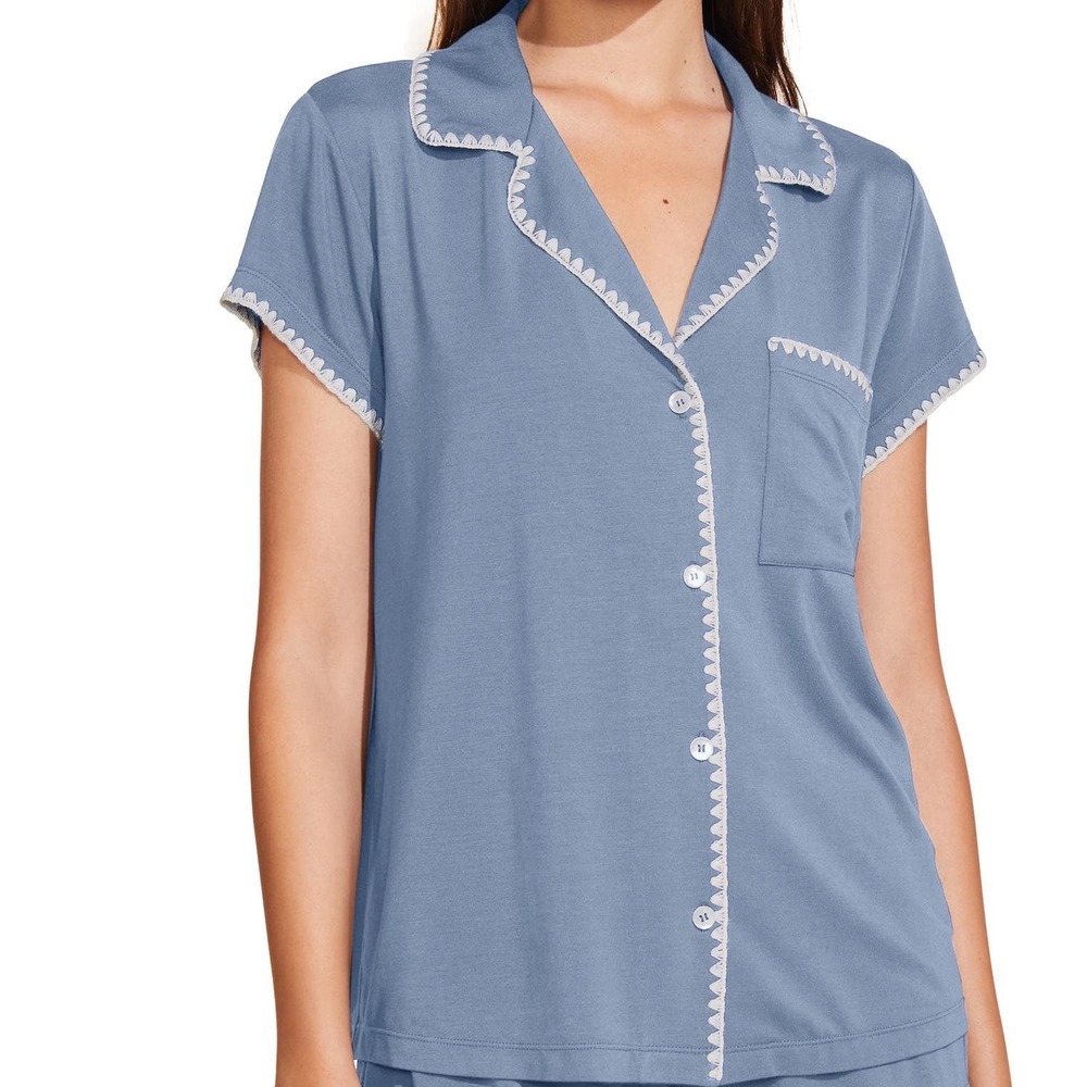 Eberjey Frida Tencel Modal Pajama TOP ONLY Wedgewood Blue Ivory Whipstitch Small